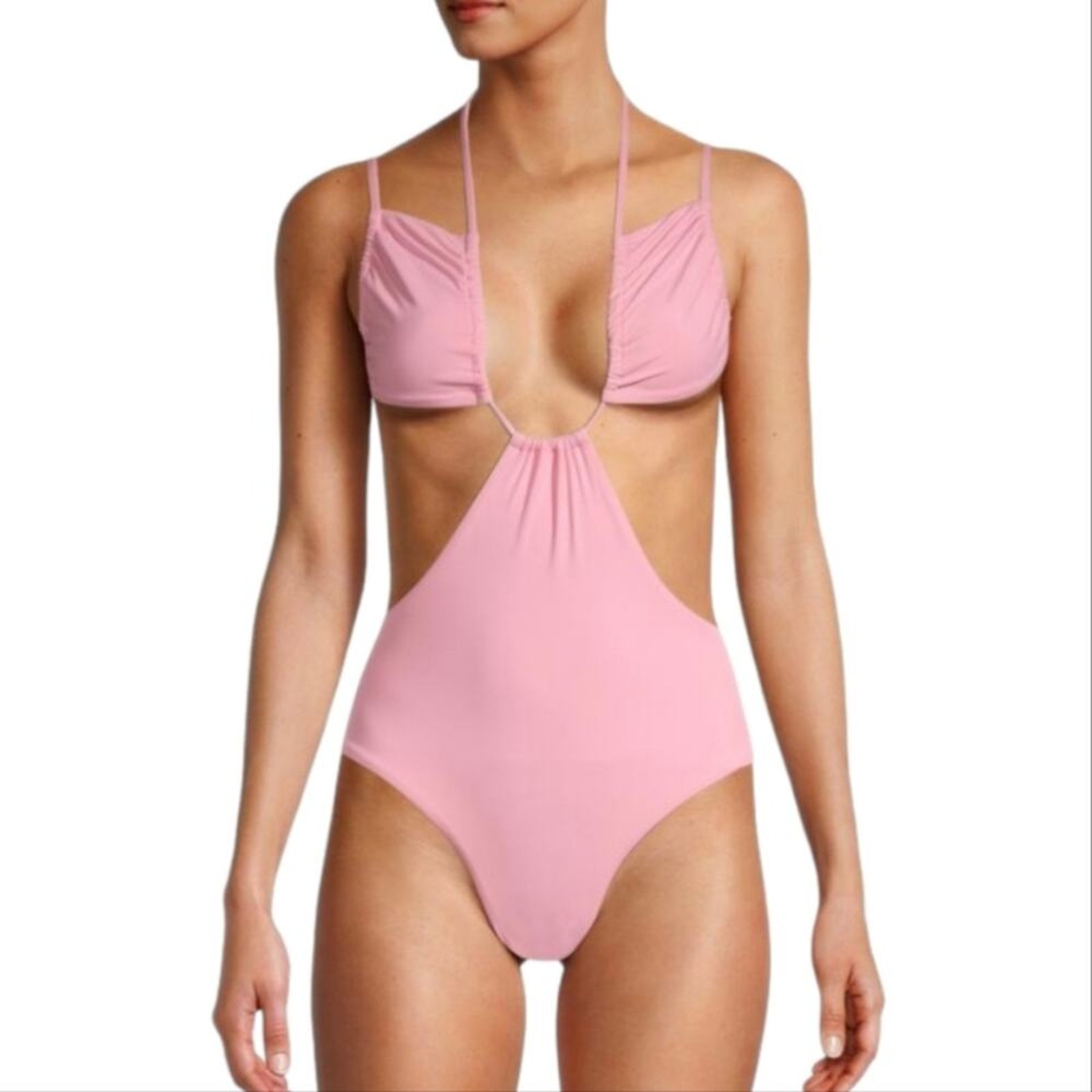 Weworewhat Cut Out One Piece Swimsuit Baby Pink Halter Runched Cup Tie